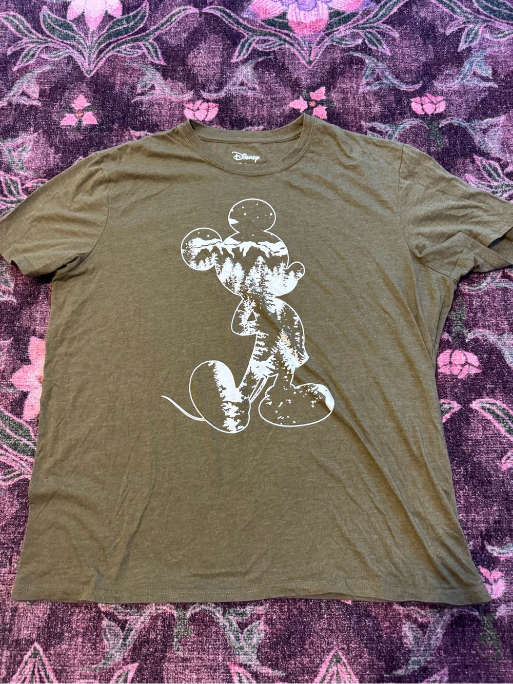 Disney Family Fun Men’s Olive Green T-Shirt Mickey Forest Silhouette - XL